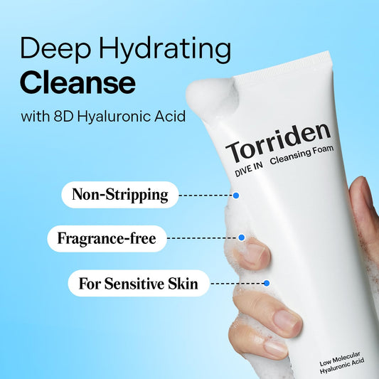 Torriden DIVE-IN Cleansing Foam Face Wash 5.07 fl oz., Hydrating Daily Facial Cleanser for All and Sensitive Skin, with Hyaluronic Acid, Panthenol, Allantoin | Vegan and Cruelty Free Korean Skin Care