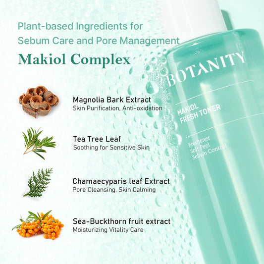BOTANITY Makiol Toner | PHA | Cica Toner | Hydrating & Refreshing for Oily Skin | Sebum Control | Pore Refining | Acne Prone Sensitive Skin, Oily Skin | Cruelty-Free | 10fl oz