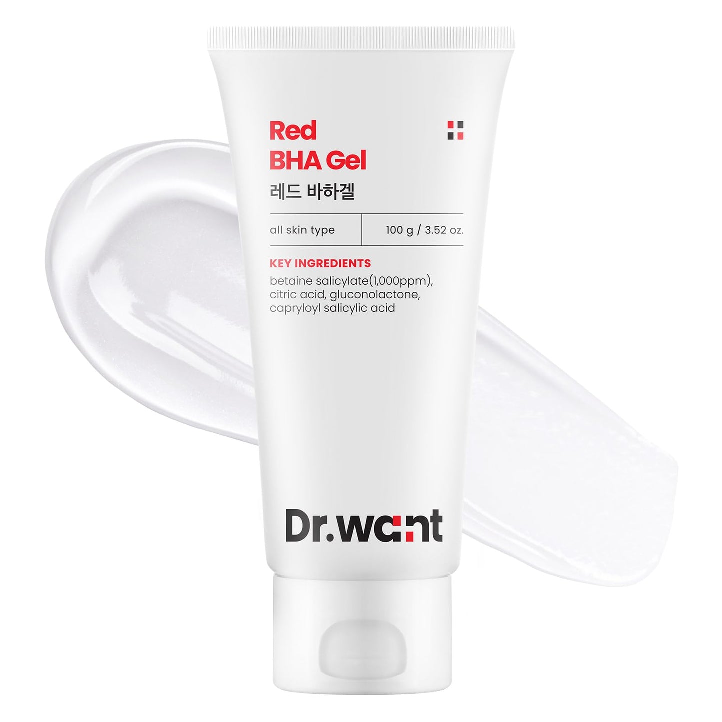 DR.WANT Red BHA Gel, Daily Exfoliating Gel with AHA, PHA, LHA for Gentle Peeling, Soothing Recovery, Pore Care, Hydration, Tea Tree, Cica for Blemish-prone skin. Korean Skincare, 100g, 3.52 oz.