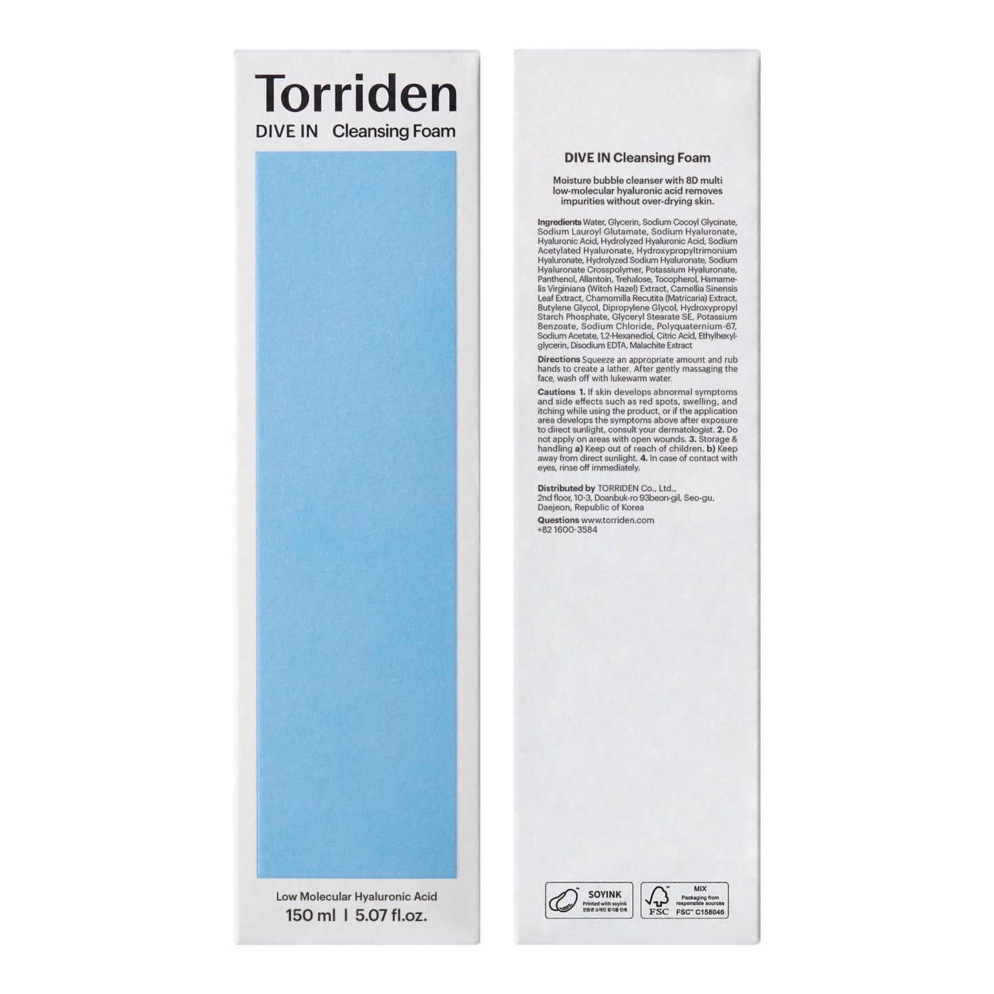 Torriden DIVE-IN Cleansing Foam Face Wash 5.07 fl oz., Hydrating Daily Facial Cleanser for All and Sensitive Skin, with Hyaluronic Acid, Panthenol, Allantoin | Vegan and Cruelty Free Korean Skin Care