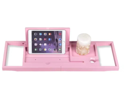 Bathtub Caddy Tray, Extendable Bath Organiser with Book Rest, Pink Bath Shelf
