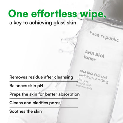 Face Republic AHA/BHA Toner 160ml 5.41 fl oz | Clarifying, Refining, Hydrating | Pore Care, Gentle Exfoliation | AHA BHA PHA LHA | for Oily, Sensitive Skin | Alcohol-Free | Vegan Korean Skincare