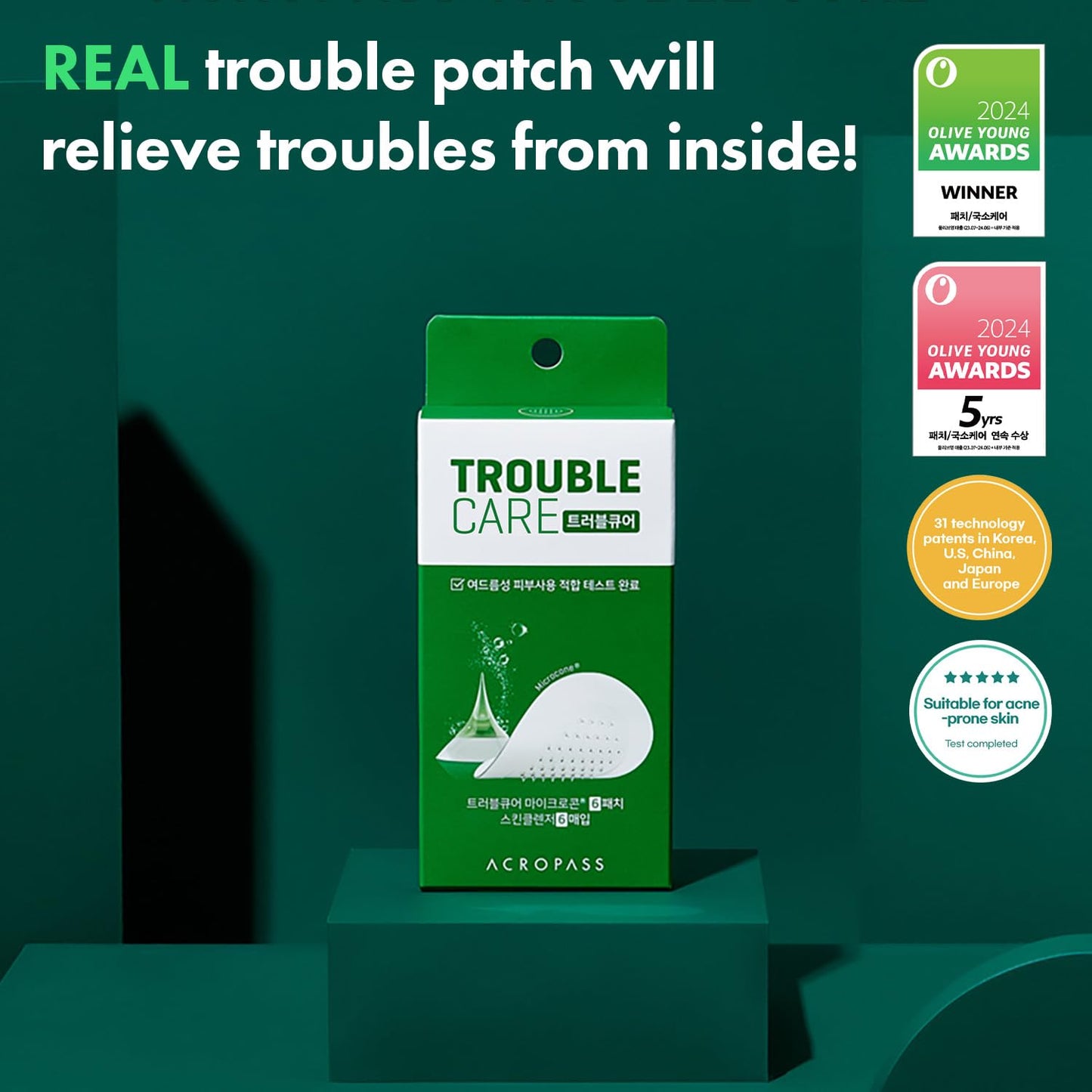 Acropass Trouble Care Microcone Acne Patch for Early Stage Pimple and Zits - Hydrocolloid, Niacimide Pimple Spot Treatment