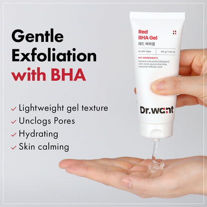 DR.WANT Red BHA Gel, Daily Exfoliating Gel with AHA, PHA, LHA for Gentle Peeling, Soothing Recovery, Pore Care, Hydration, Tea Tree, Cica for Blemish-prone skin. Korean Skincare, 100g, 3.52 oz.
