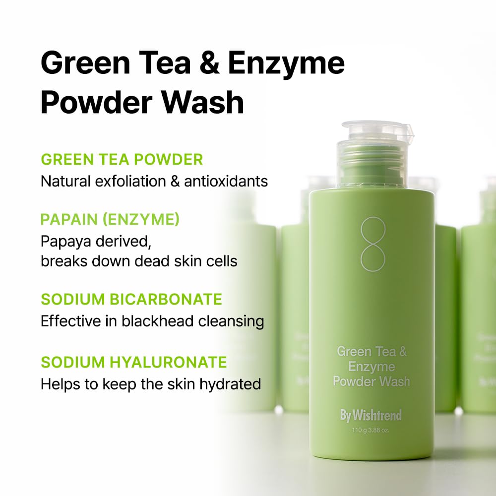 [BY WISHTREND] Green Tea & Enzyme Powder Wash 3.88 Ounce (Pack of 1) Green tea pore cleanser, Gentle exfoliator, Hydrating daily facial cleanser, Face wash for blackheads, Travel friendly, Fragrance and colorant free