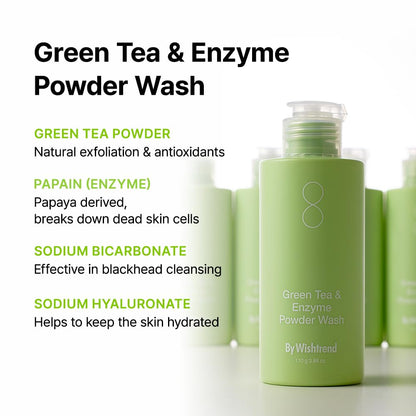 [BY WISHTREND] Green Tea & Enzyme Powder Wash 3.88 Ounce (Pack of 1) Green tea pore cleanser, Gentle exfoliator, Hydrating daily facial cleanser, Face wash for blackheads, Travel friendly, Fragrance and colorant free