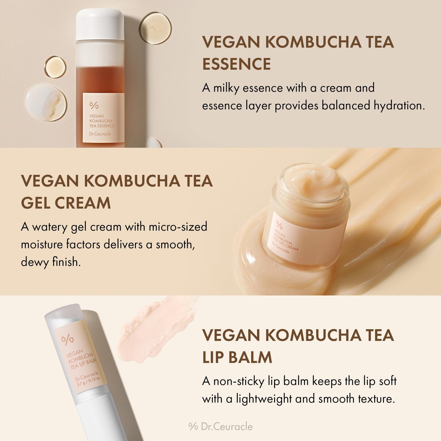 Dr.Ceuracle Vegan Kombucha Tea Special Set - Korean Skincare Set, Hydrating and Nourishing Gift Set included Essence, Gel Cream, Lip Balm
