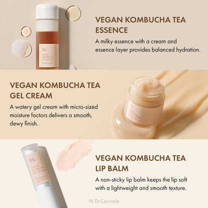 Dr.Ceuracle Vegan Kombucha Tea Special Set - Korean Skincare Set, Hydrating and Nourishing Gift Set included Essence, Gel Cream, Lip Balm