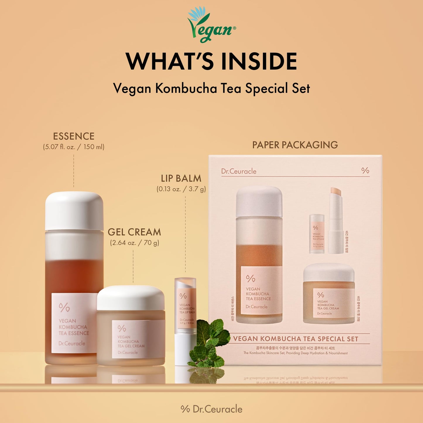 Dr.Ceuracle Vegan Kombucha Tea Special Set - Korean Skincare Set, Hydrating and Nourishing Gift Set included Essence, Gel Cream, Lip Balm