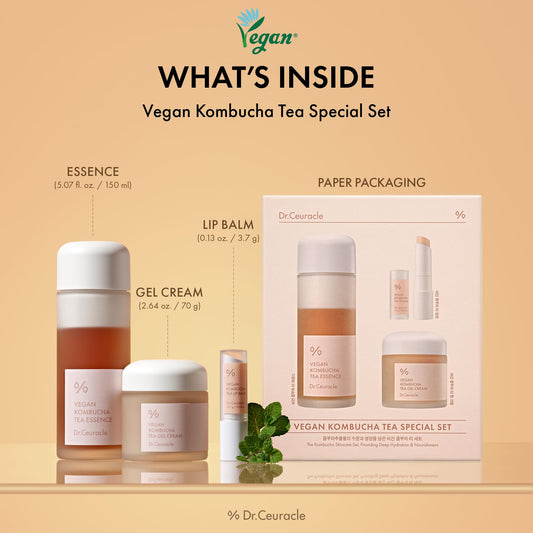 Dr.Ceuracle Vegan Kombucha Tea Special Set - Korean Skincare Set, Hydrating and Nourishing Gift Set included Essence, Gel Cream, Lip Balm