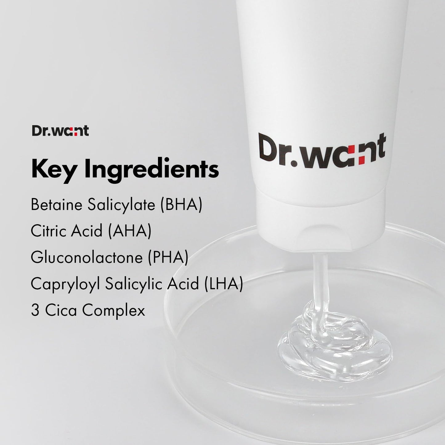 DR.WANT Red BHA Gel, Daily Exfoliating Gel with AHA, PHA, LHA for Gentle Peeling, Soothing Recovery, Pore Care, Hydration, Tea Tree, Cica for Blemish-prone skin. Korean Skincare, 100g, 3.52 oz.